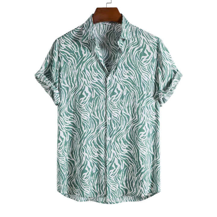 Short sleeve men's button-down shirt featuring a bold exotic animal print. Stylish & casual men's wear.