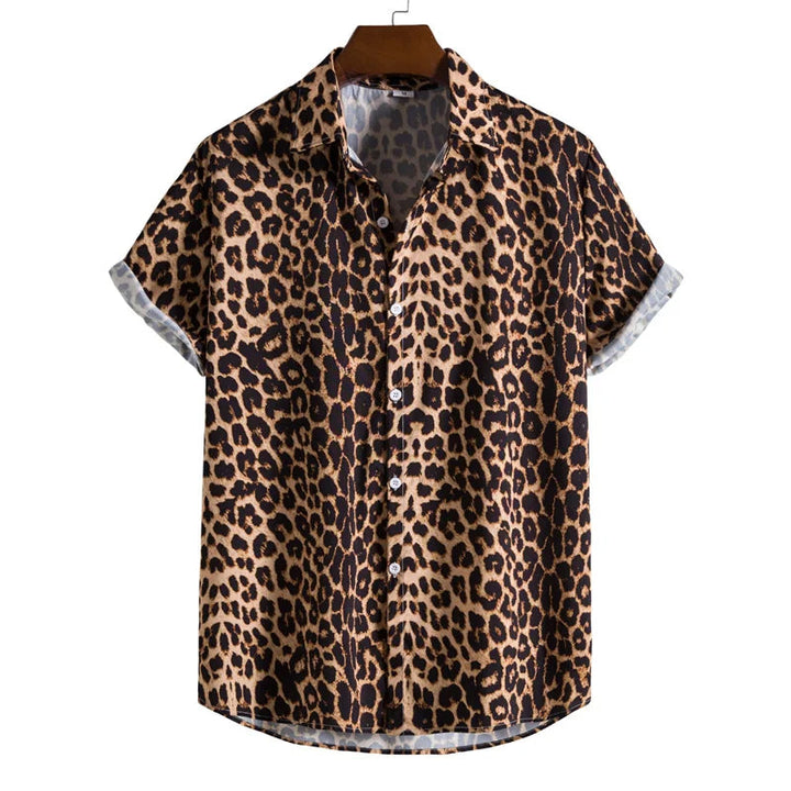 Men's short sleeve button-down shirt showcasing a unique exotic animal print. Relaxed fit for casual wear.