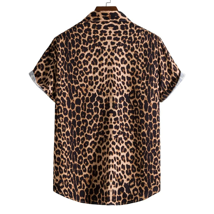 Stylish men's exotic print button-down shirt. Short sleeve, relaxed fit, perfect for a casual fashion statement.