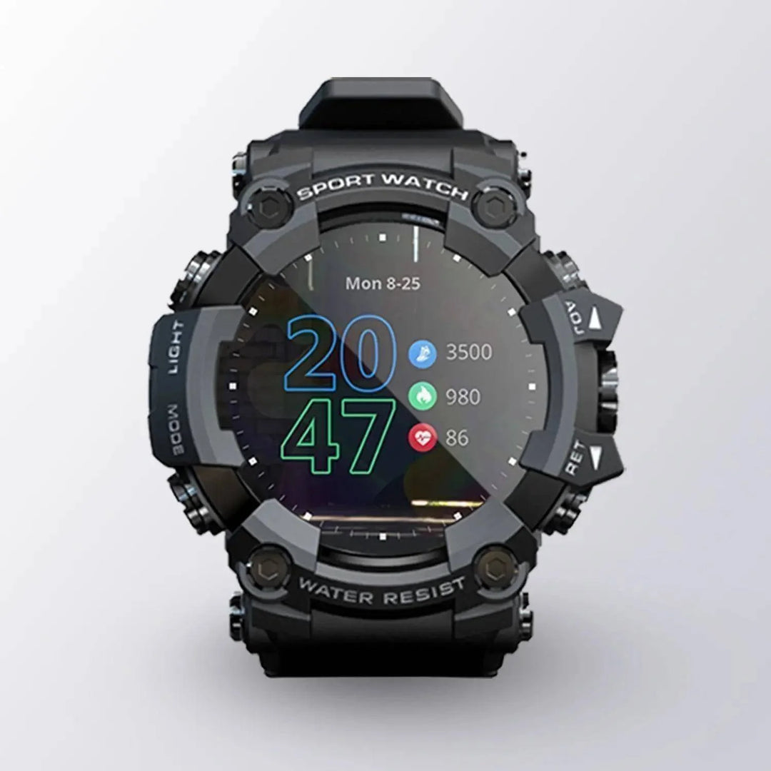 Men's fitness tracker smartwatch with heart rate & sleep monitor, displayed on wrist