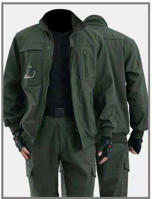 Close up of men's fleece suit with prominent pockets, durable fabric for mountaineering and camping