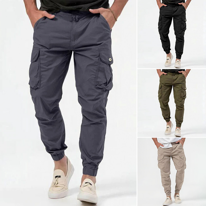Comfort-fit men's cargo joggers. Soft stretch fabric, tapered fit for activewear & casual style.