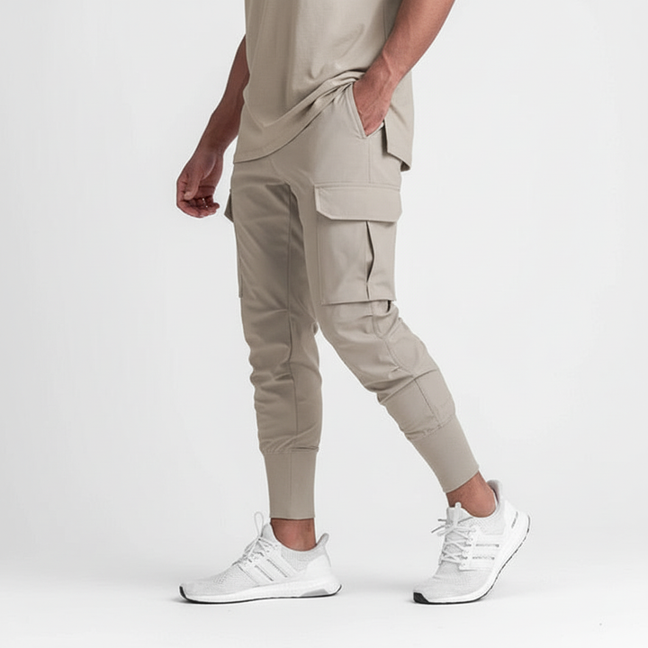 Comfortable men's stretch pants, tapered fit for athletic & casual wear, with secure pockets.