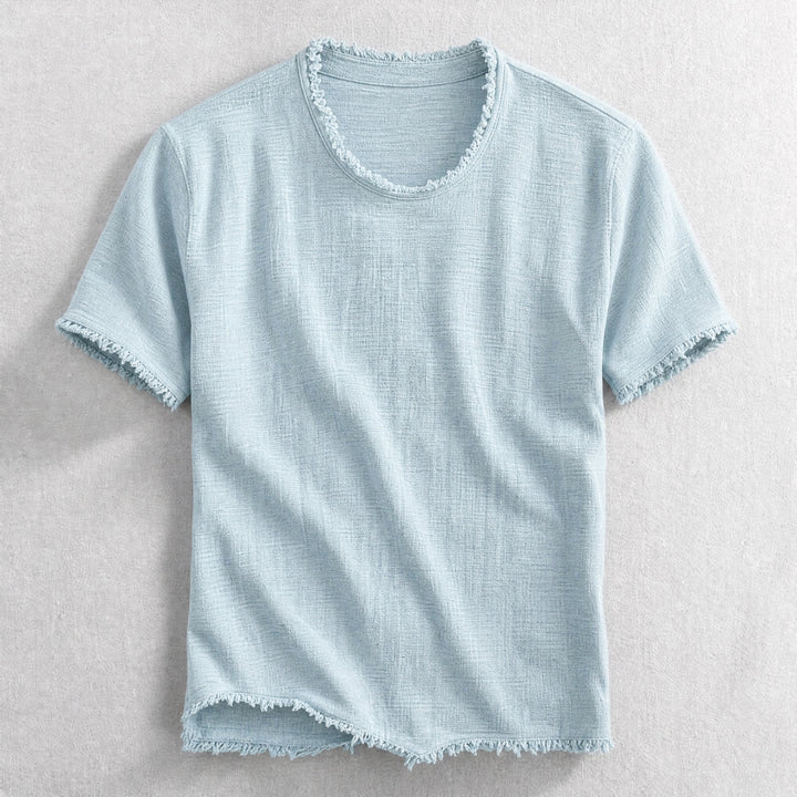 Men's frayed edge cotton blend t-shirt, short sleeve, a stylish casual tee for everyday wear.