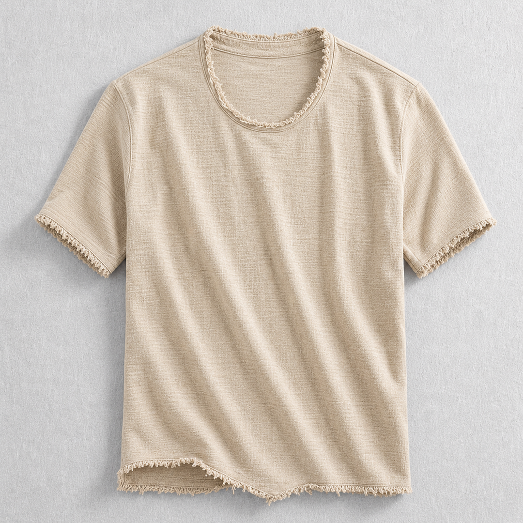 Comfortable & stylish men's frayed edge cotton blend t-shirt, soft fabric, short sleeve.