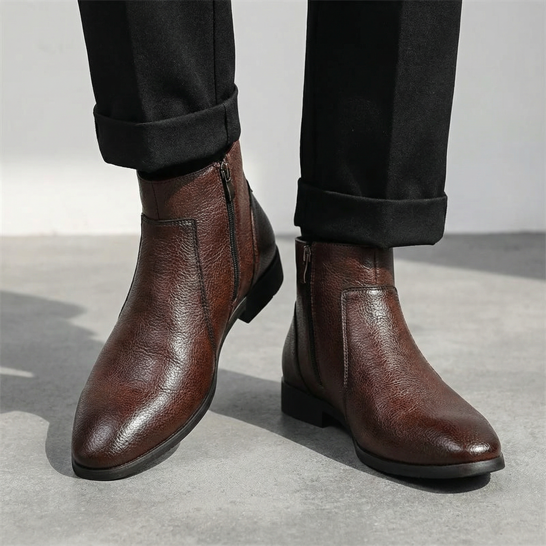 Rugged men's full-grain leather work boots. Offers superior comfort and durability for demanding tasks.