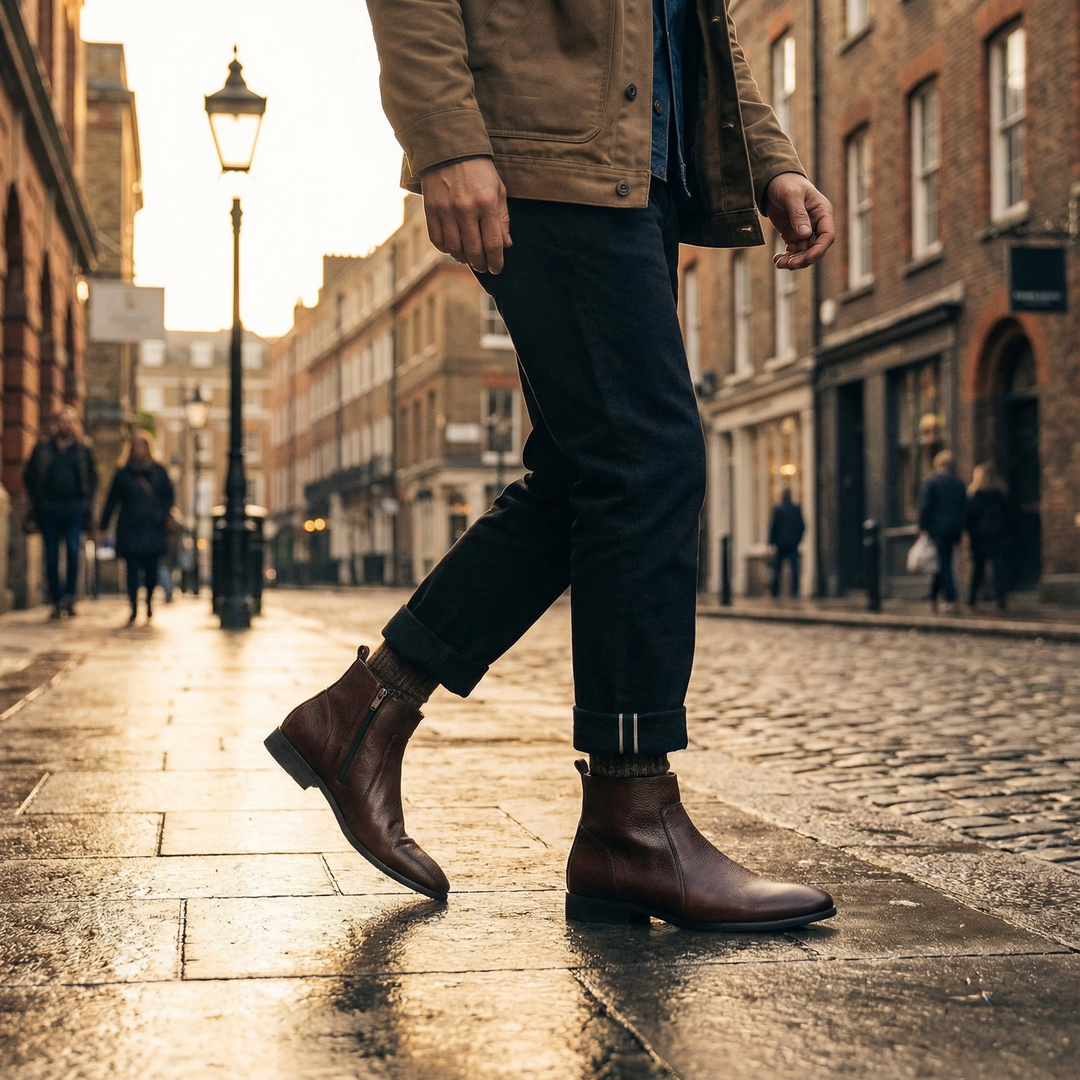 Classic men's full-grain leather ankle boots, perfect for fall fashion. Comfortable and durable men's footwear.