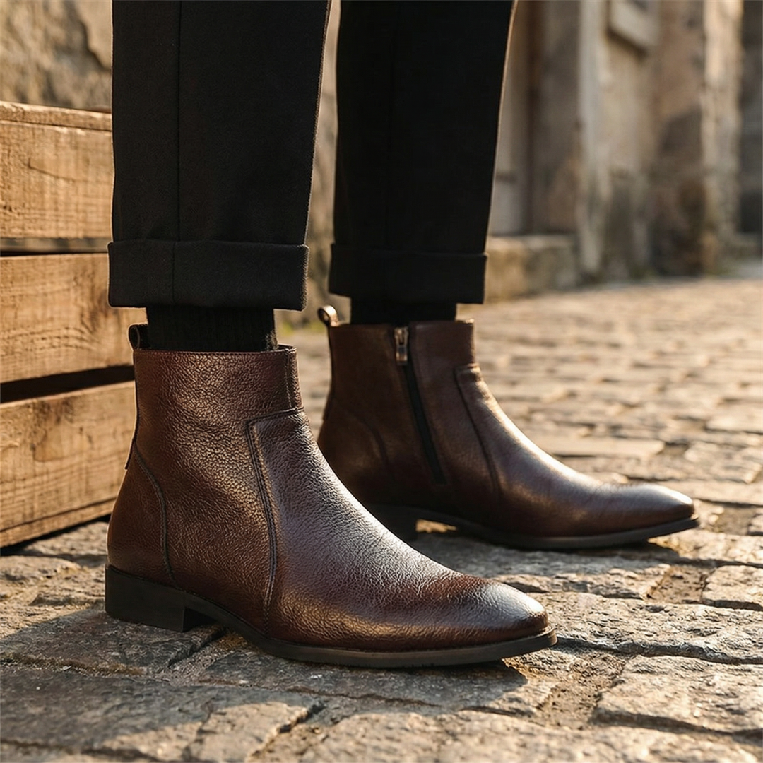 High-quality men's full-grain leather ankle boots. Versatile for casual outings or tough work environments.