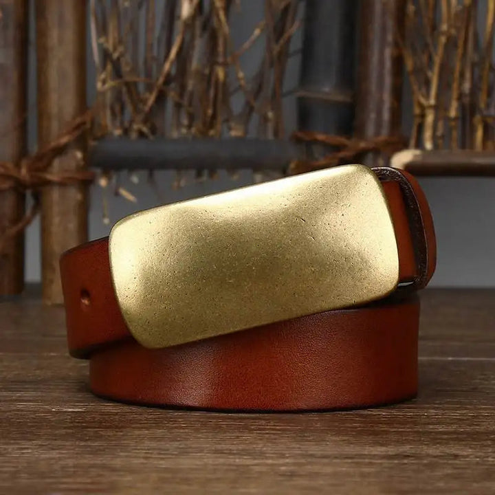 Durable men's full-grain leather belt, expertly crafted with a robust brass buckle for lasting wear.