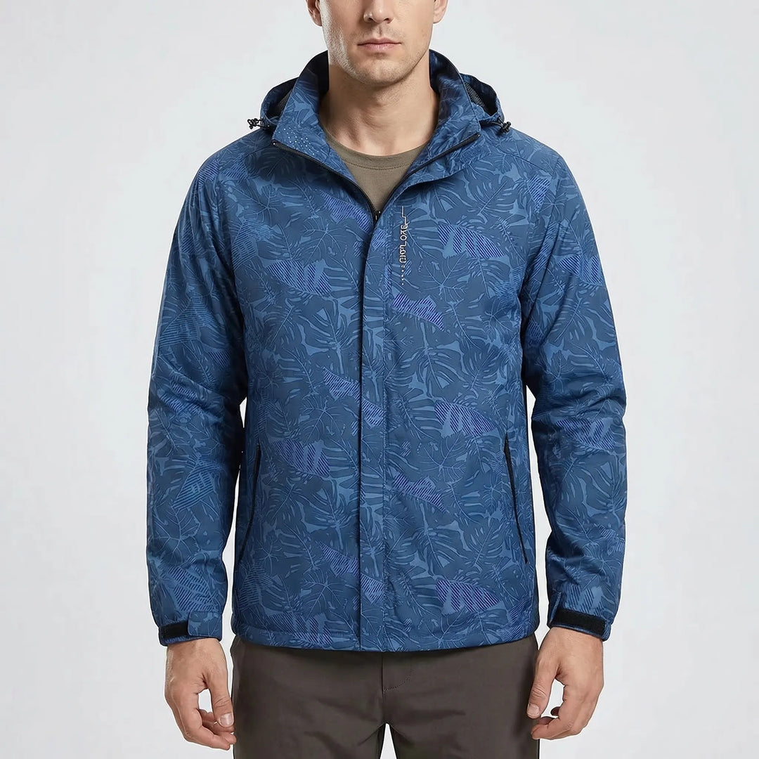 Botanical print men's hooded windbreaker, water-resistant & lightweight for hiking, casual outdoor wear.