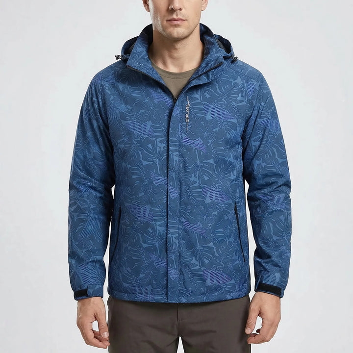Botanical print men's hooded windbreaker, water-resistant & lightweight for hiking, casual outdoor wear.