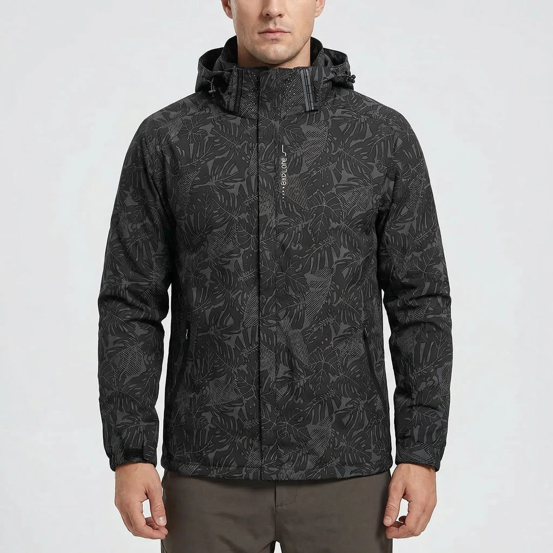 Stylish men's hooded windbreaker with botanical print, lightweight & full-zip for casual & outdoor wear.