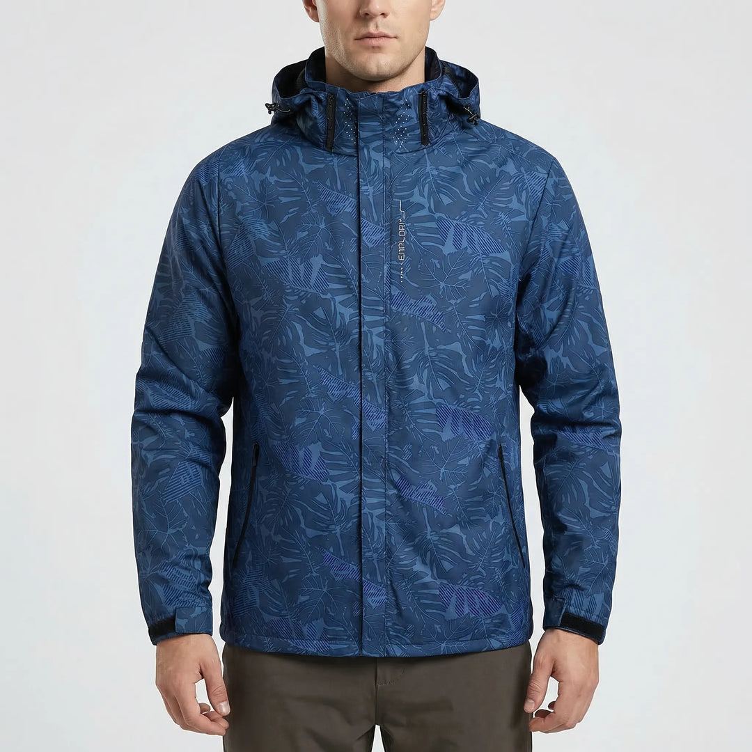 Lightweight men's hooded windbreaker jacket, full-zip design for effective weather protection outdoors.