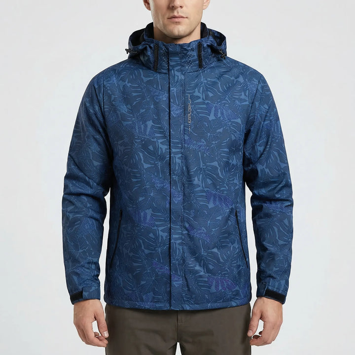 Lightweight men's hooded windbreaker jacket, full-zip design for effective weather protection outdoors.