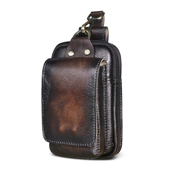 Full-grain brown genuine leather men's waist pack. Belt bag designed for everyday essentials & travel.