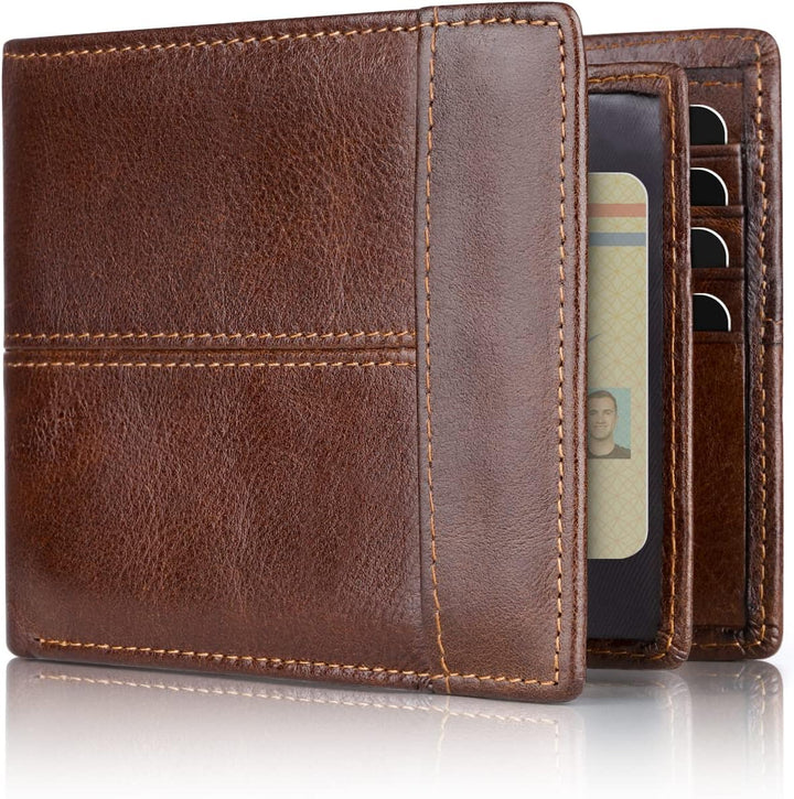 Men's genuine leather bifold wallet with RFID blocking, sleek & slim design.