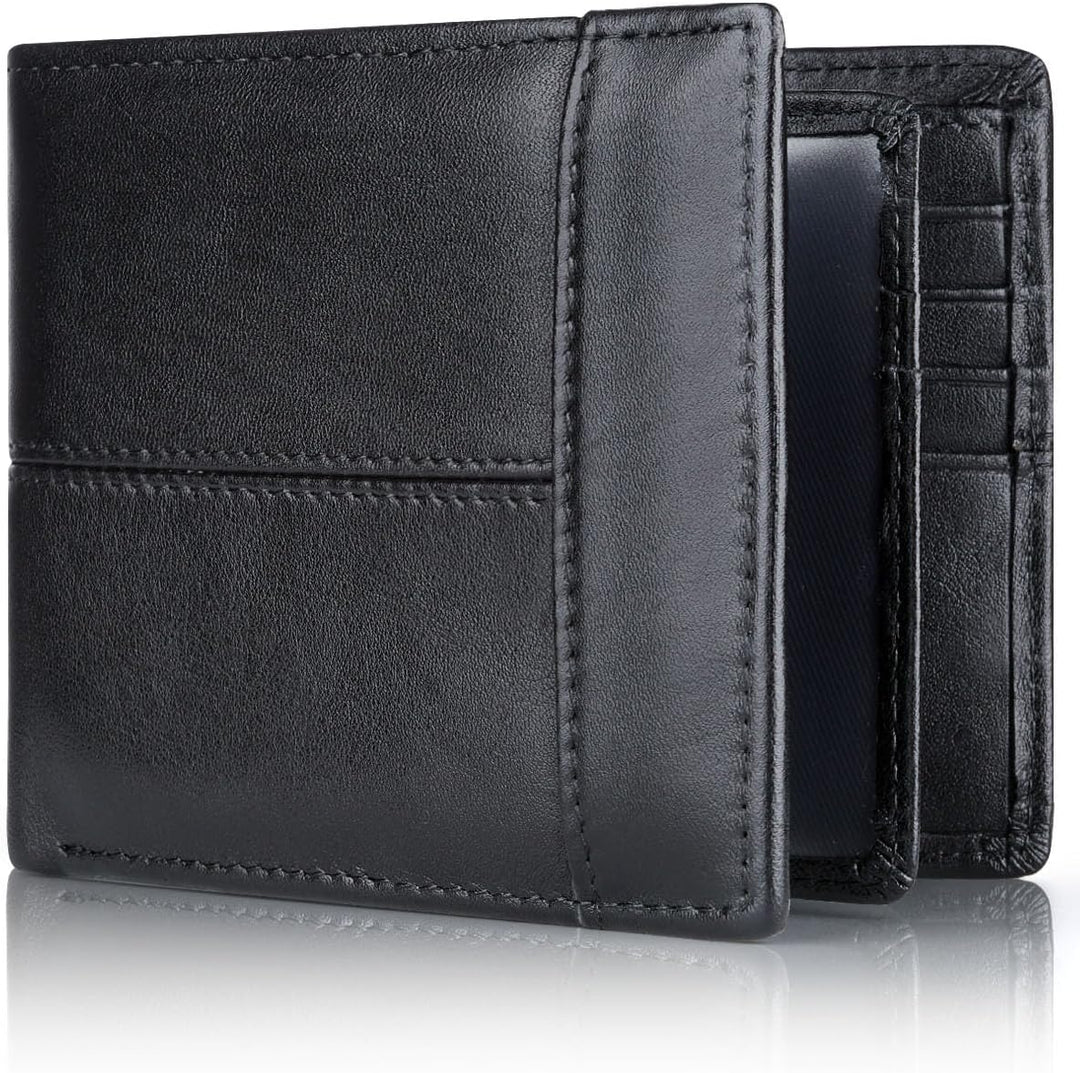 Everyday carry men's bifold wallet, genuine leather with RFID security & slim profile.