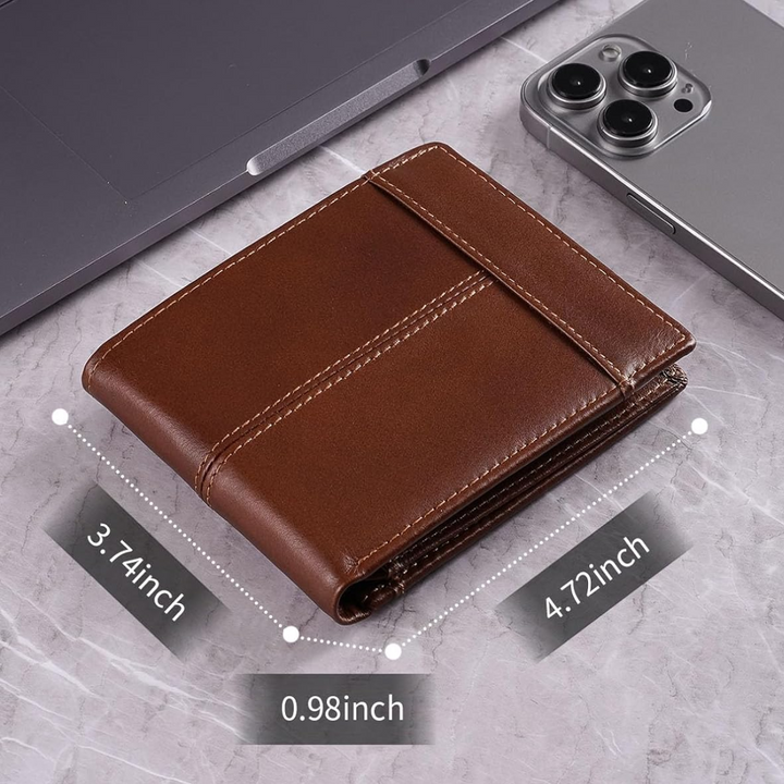 Durable men's genuine leather bifold wallet, secure RFID blocking everyday carry.