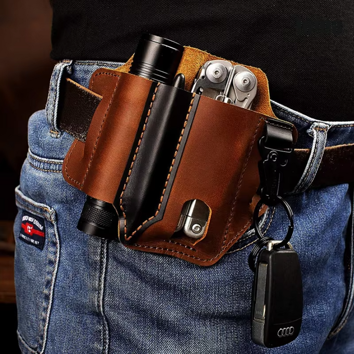 EDC belt sheath, genuine black leather, tactical tool holder for mens workwear and outdoor gear
