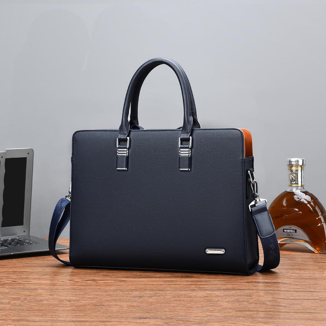 Men's genuine leather multi-compartment business briefcase for laptops & documents.