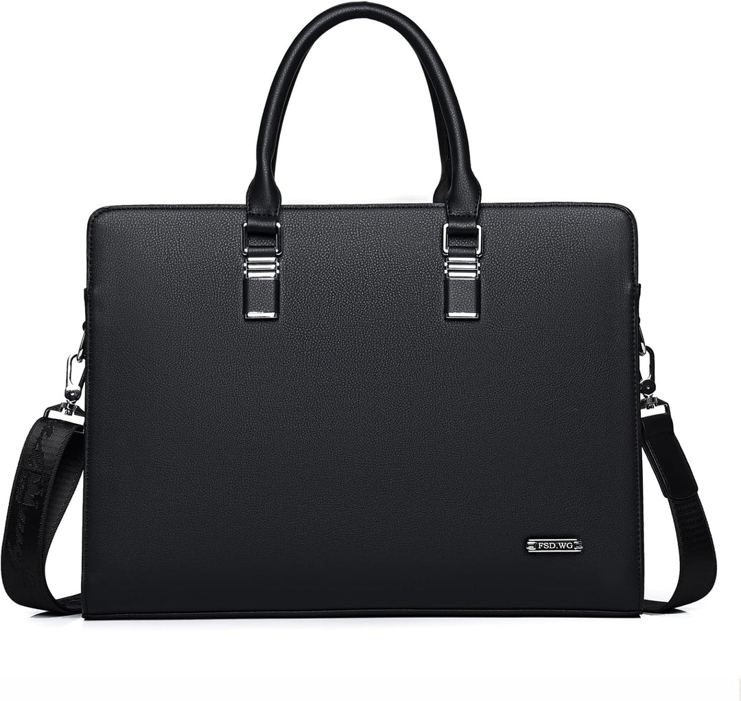 Front view of a genuine leather men's business briefcase with secure closures.