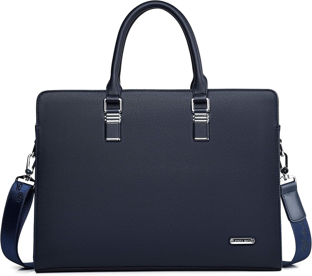 Open genuine leather men's laptop bag, showcasing its versatile storage options.