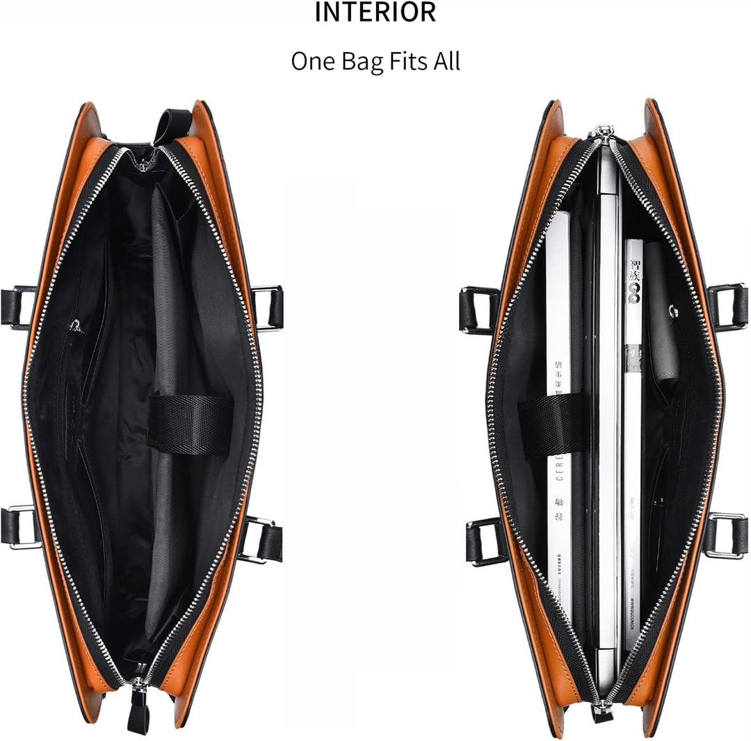 Professional men's genuine leather laptop bag with multiple compartments for work.