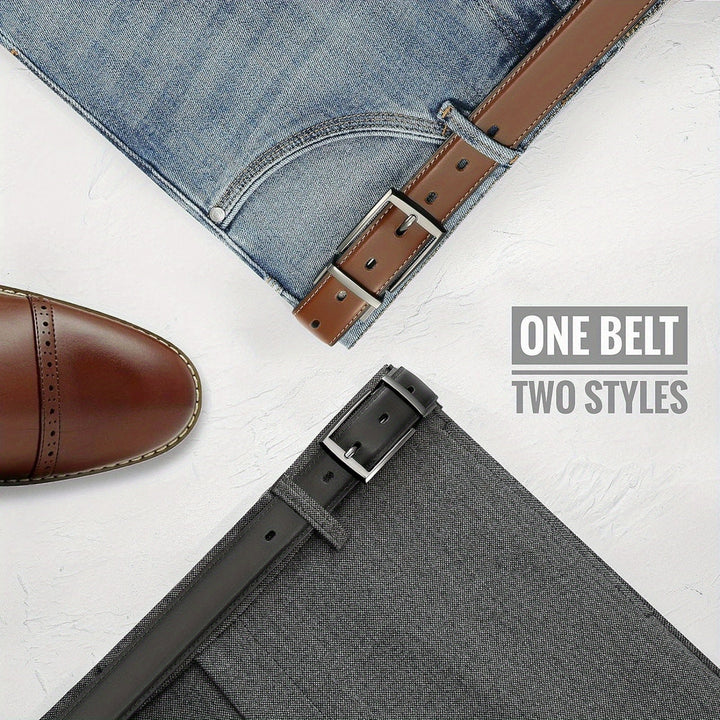 Versatile men's reversible leather belt, adjustable and durable, offering two style options for any outfit.