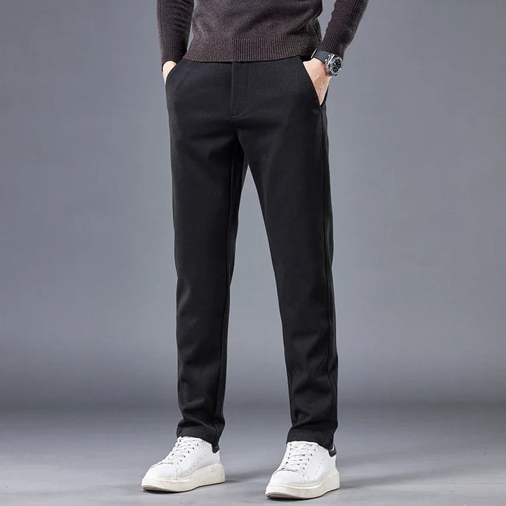 Khaki men's contour fit pants. Modern tailored style with comfortable stretch fabric, ideal for smart casual wear.