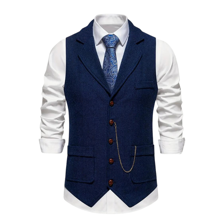 Close-up of men's elegant herringbone waistcoat texture, suitable for formal events or smart casual outfits.
