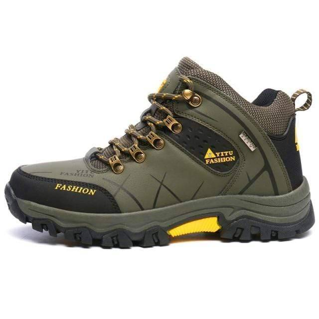 Side view of men's brown high-top lace-up hiking boots, perfect for outdoor and casual wear.