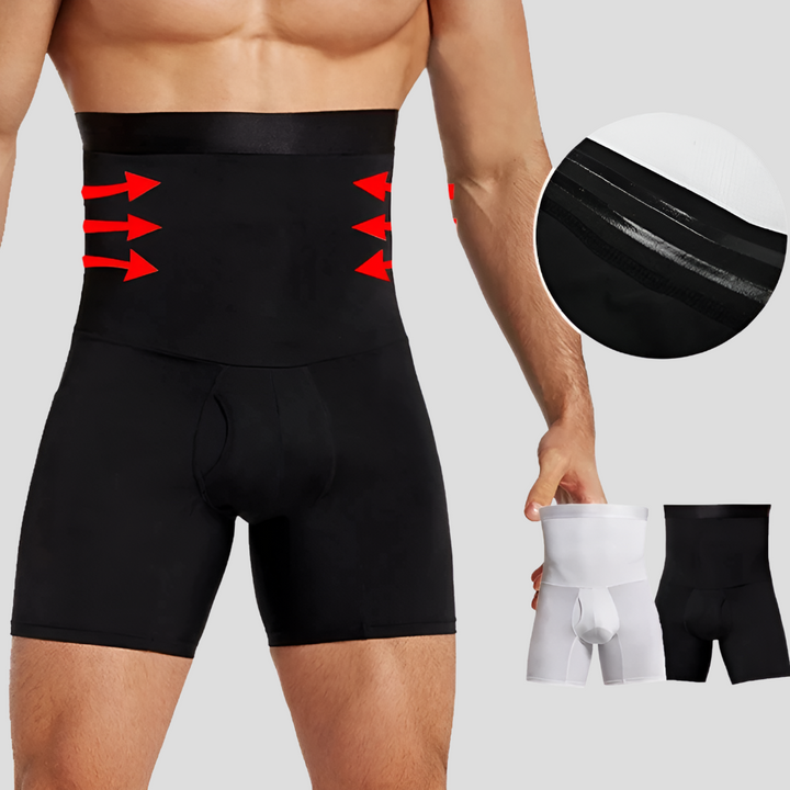 Men's high-waisted compression shorts with tummy control, ideal for gym workouts & athletic performance.