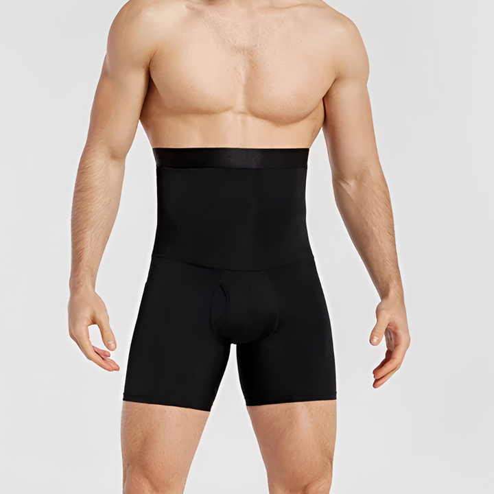 Performance men's compression shorts, high-waisted design for optimal tummy control & comfort in fitness activities.