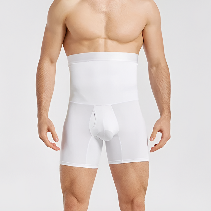 Side view of men's high-waisted compression shorts, offering tummy control & muscle support for gym & sports.