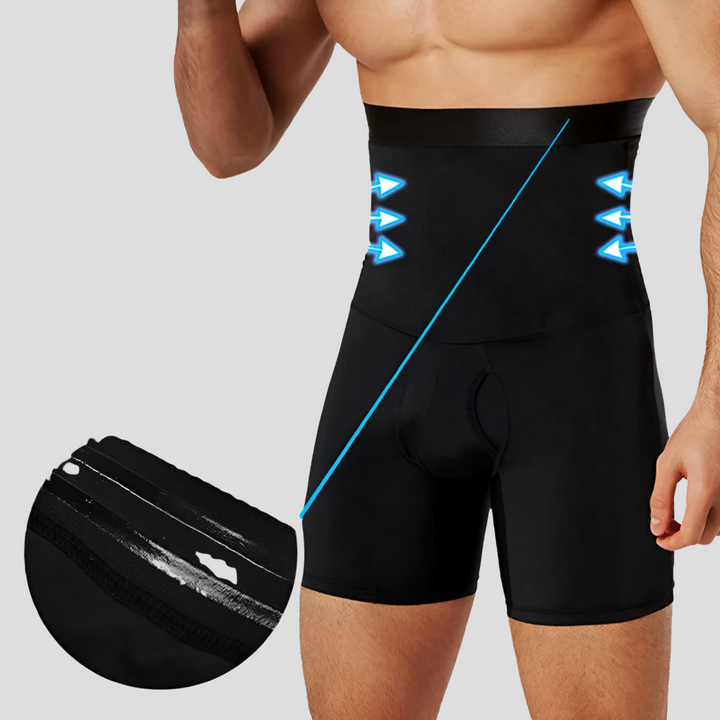 Man wearing high-waisted compression shorts, showcasing tummy control & athletic fit for active men's workout gear.