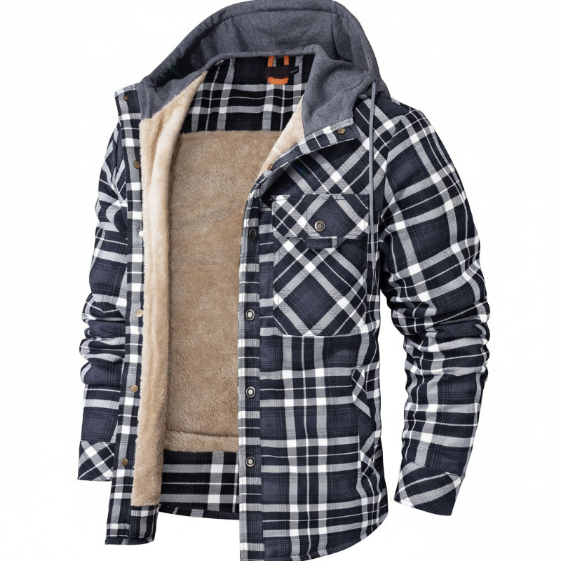Rugged men's winter jacket, hooded & insulated, perfect for outdoor activities.
