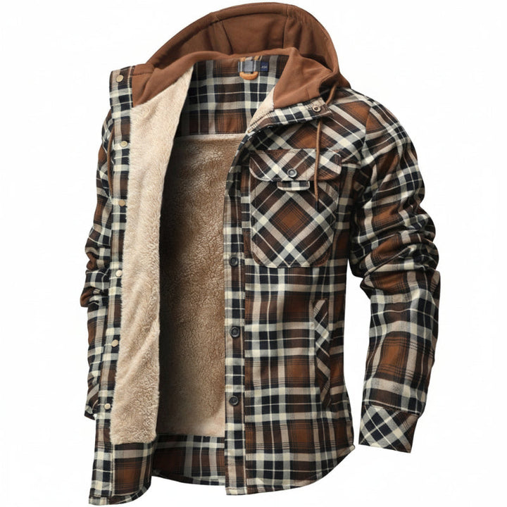Durable men's outdoor jacket, warm & hooded, ideal for hiking and cold days.
