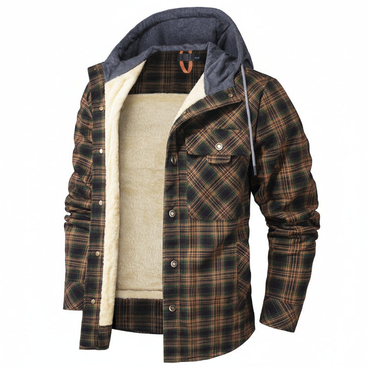 Insulated men's outdoor jacket, hooded, providing superior warmth for winter.