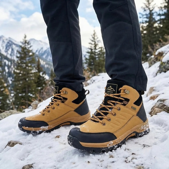 Men's insulated high-top winter hiking boots, designed for extreme cold weather & snow trails.