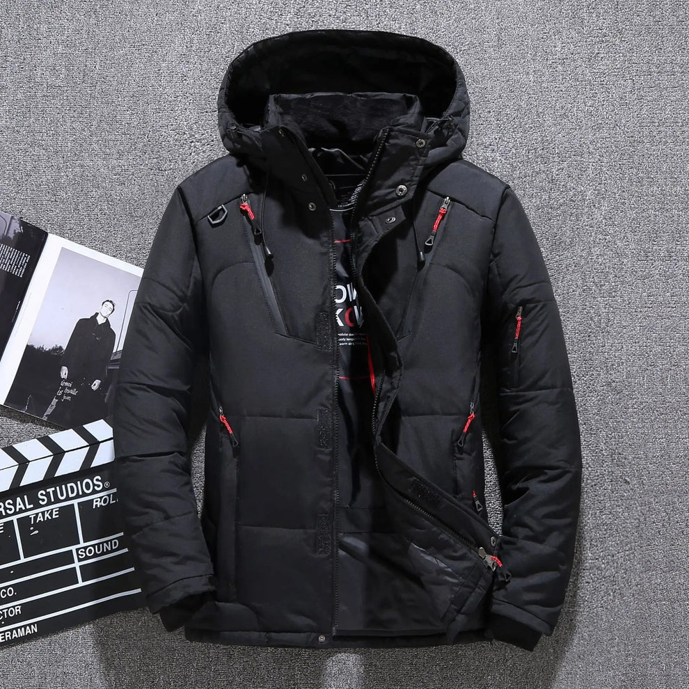 Men's insulated hooded parka for all-weather protection. Durable winter coat, ideal for outdoor cold wear.