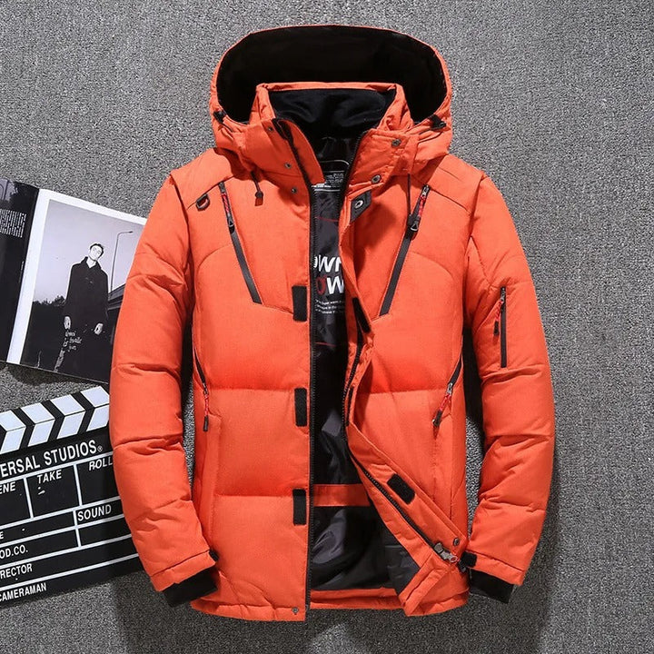Durable men's insulated parka, offering comfort & protection. Essential hooded outerwear for cold weather.