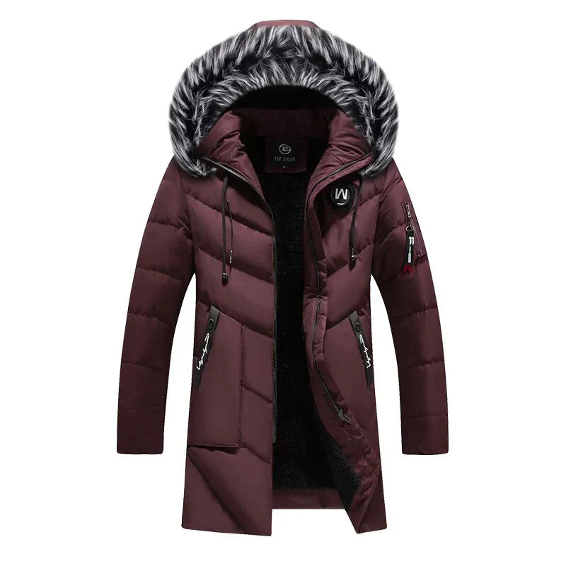 Classic men's insulated parka. Essential cold weather outerwear, featuring a protective hood.