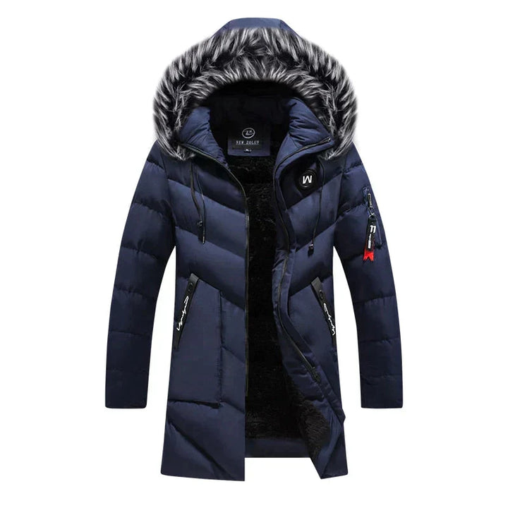 Warm men's winter coat, an insulated hooded jacket designed for durable cold weather protection.
