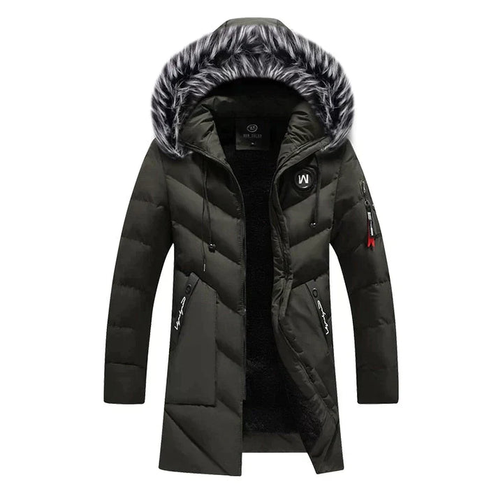 Rugged men's insulated hooded winter parka, providing excellent warmth and protection against extreme cold.