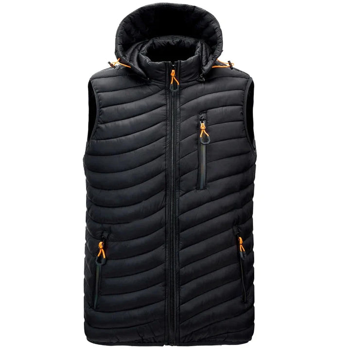 Outdoor men's winter vest with zip pockets, insulated warmth, and a versatile detachable hood for active wear.