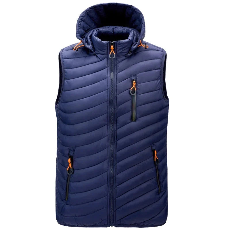 Stylish men's sleeveless puffer jacket, insulated for warmth, ideal for casual layering, with a detachable hood.