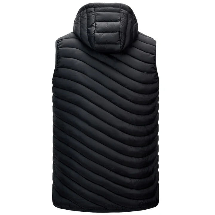 Practical men's winter puffer vest, lightweight yet warm, featuring zip pockets and a detachable hood for adaptability.