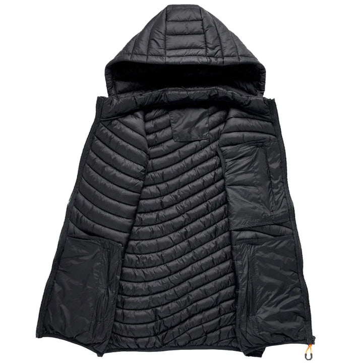 Men's insulated puffer vest with a detachable hood, perfect for winter, outdoor activities, or casual wear.