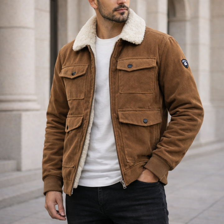 Cozy men's cold weather jacket designed for comfort & warmth during casual winter outings. Stylish insulated.