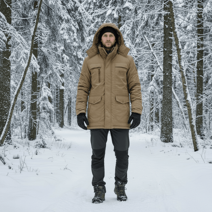 Men's insulated winter parka for extreme cold. Hooded, windproof, and warm outdoor wear.